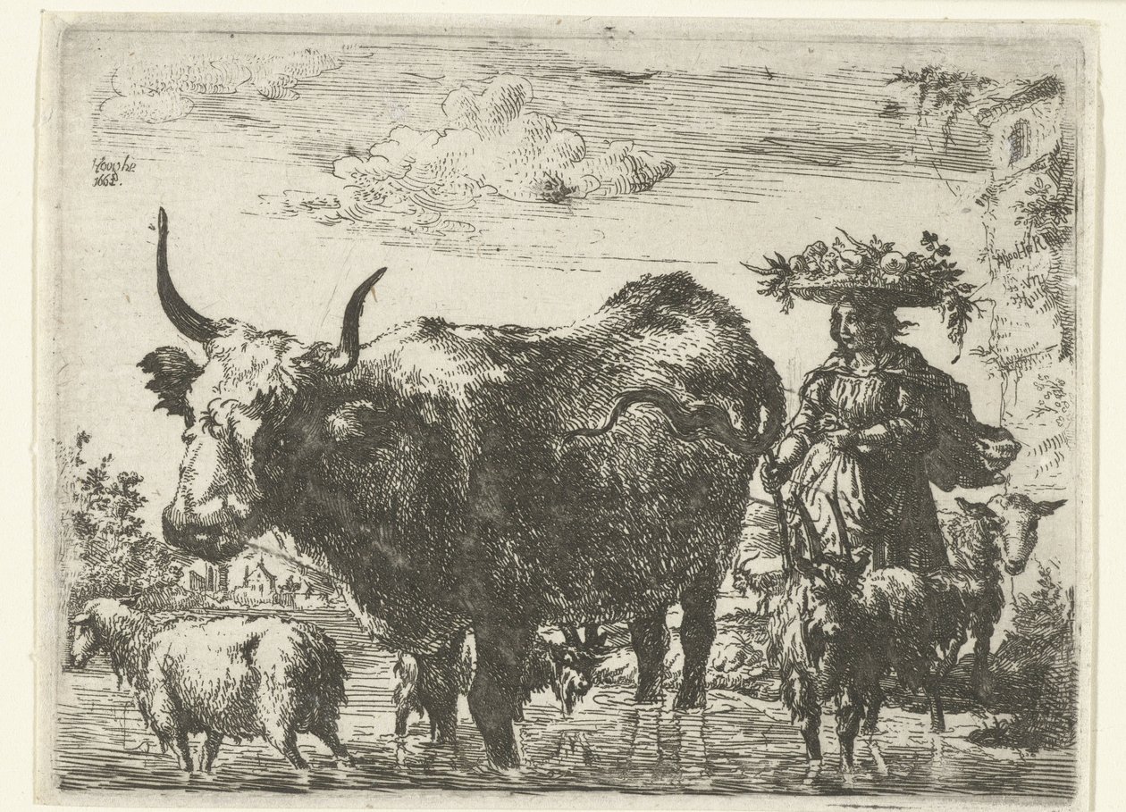 Pastora com cesta na cabeça, uma vaca, duas cabras e duas ovelhas na água de Romeyn de Hooghe