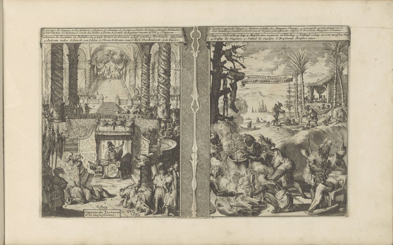 Tribunal do Imperador do Tártaro; Tapuyers brasileiros preparam a sua comida
Tartar Keyzer / Empereur des Tartares et sa magnificence // Brasilian Garments / Brasiliens, Tapuyers, etc (título sobre o objecto)
Les Indes Orientales et Occidentales et autre de Romeyn de Hooghe