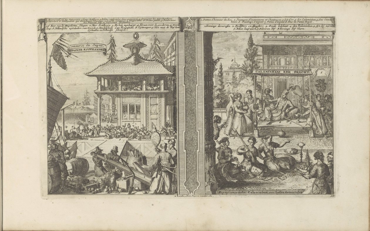 Japanse koophandel; Hof van de koning van de Calaminhans
Japanse koophandel // Commerce du Japon // Calaminhans Eer Pracht / Magnificence of King Calaminhan, nas Índias Orientais (título sobre o objecto)
As Índias Orientais e Ocidentais e outros lugares  de Romeyn de Hooghe