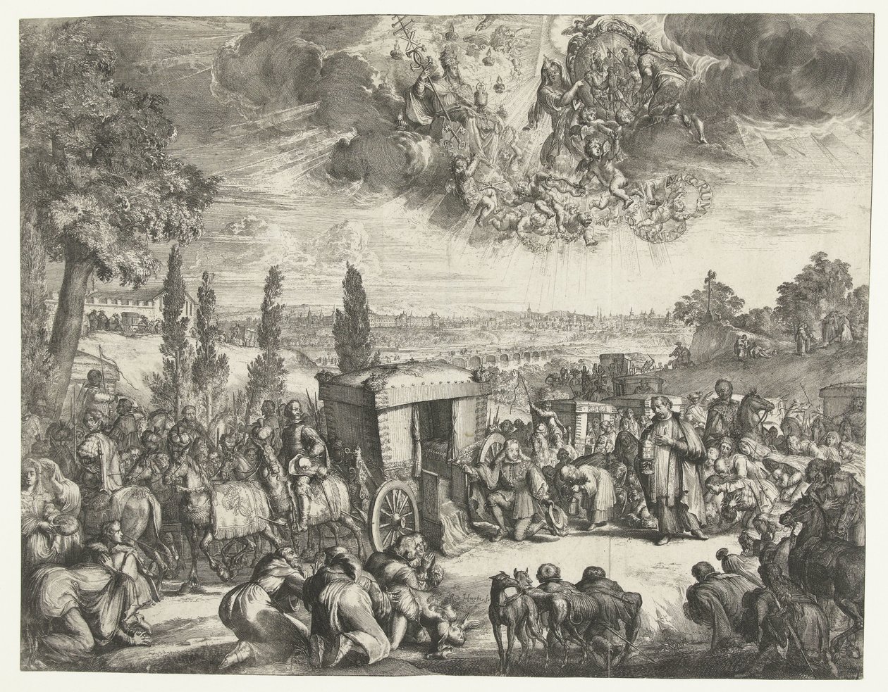 Carlos II de Espanha ajoelhado por uma carruagem de Romeyn de Hooghe
