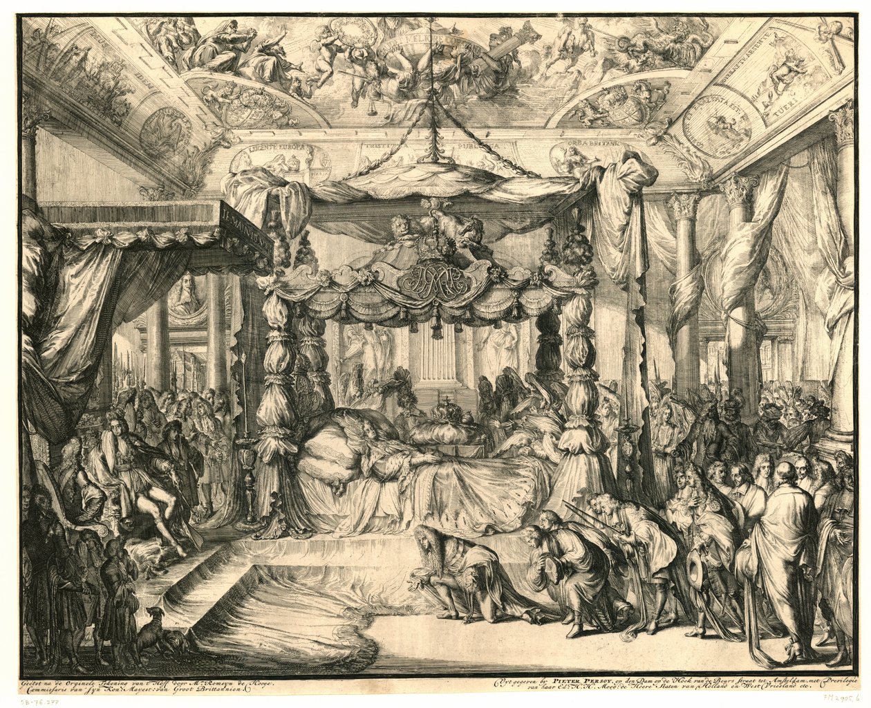 Rainha Maria II Stuart no seu leito de morte, 1695
A morte e os restos mortais de Maria II Stuart, Rainha de Inglaterra, 1695 (título da série) de Romeyn de Hooghe