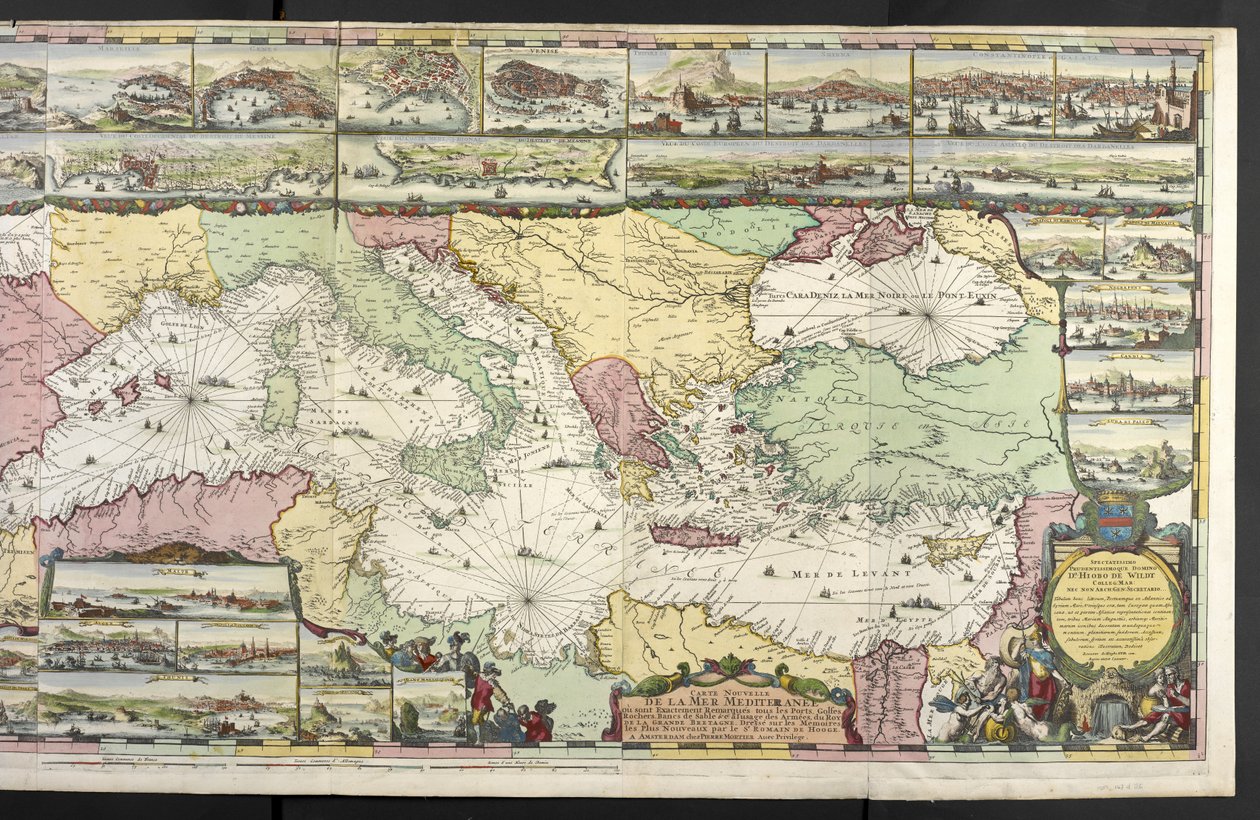 Mapa do Mediterrâneo com figuras alegóricas e monstros marinhos embelezando as inserções, de 