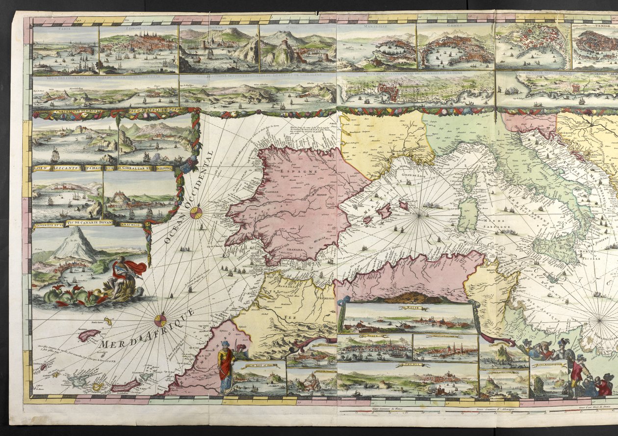 Mapa do Mediterrâneo com figuras alegóricas e monstros marinhos embelezando os insetos, de 