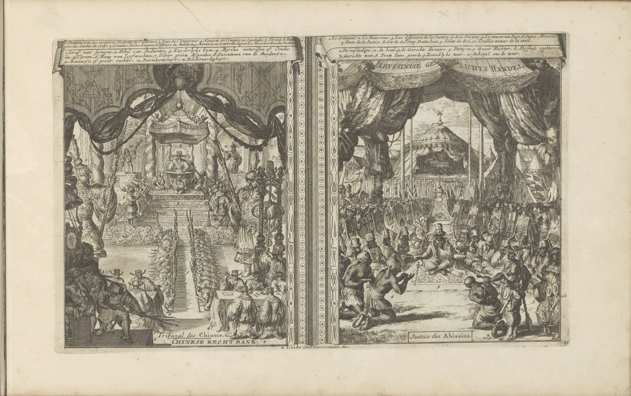 Rechtbank na China em Abbesinië
Chinese rechtbank / tribunal des Chinois // Abyssinise Gerichts Handel / Justice des Abissins (título sobre o objecto)
As Índias Oriental e Ocidental e outros lugares (título da série) de Romeyn de Hooghe