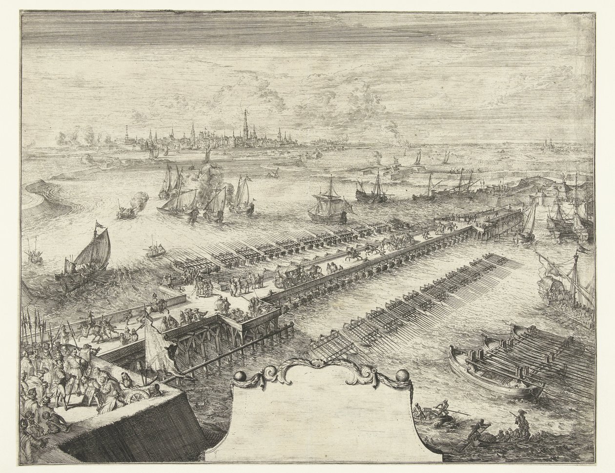 Ponte naval de Parma sobre o Escalda, 1585
Guerres de Flandres (título da série) de Romeyn de Hooghe