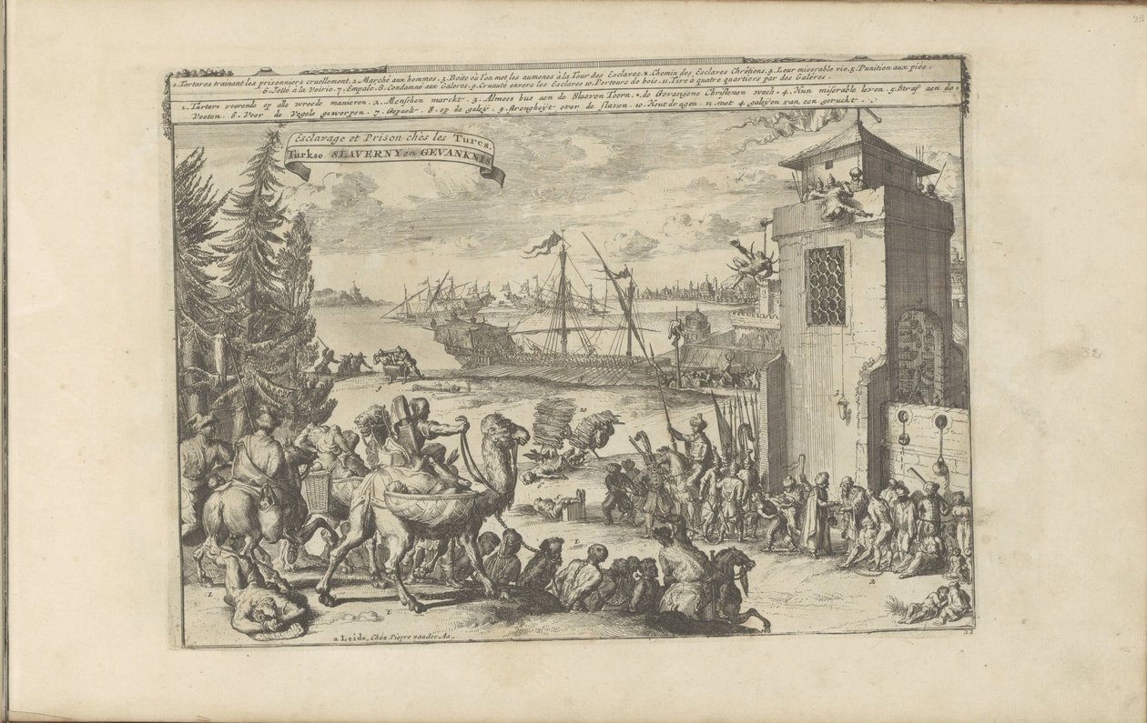 Slaven en gevangenen bij de Turken Turkse slavernij en gevangenis / Escravidão e Prisão entre os Turcos (título no objeto) As Índias Orientais e Ocidentais e Outros Lugares (título da série) de Romeyn de Hooghe
