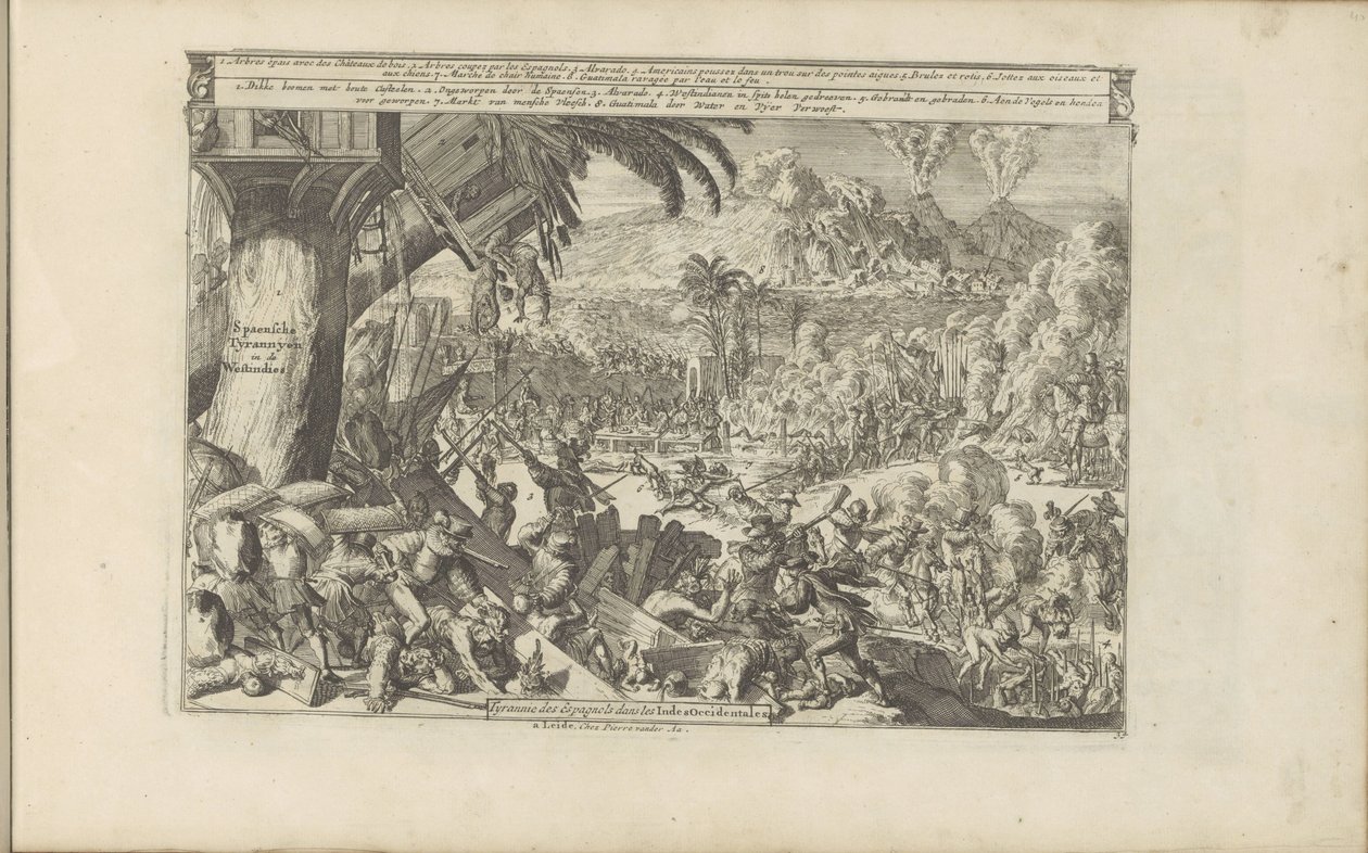 Spaanse wreedheden em West-Indië Spaensche Tyrannyen in de Westindies / Tirania dos Espanhóis nas Índias Ocidentais (título no objeto) As Índias Orientais e Ocidentais e Outros Lugares (título da série) de Romeyn de Hooghe