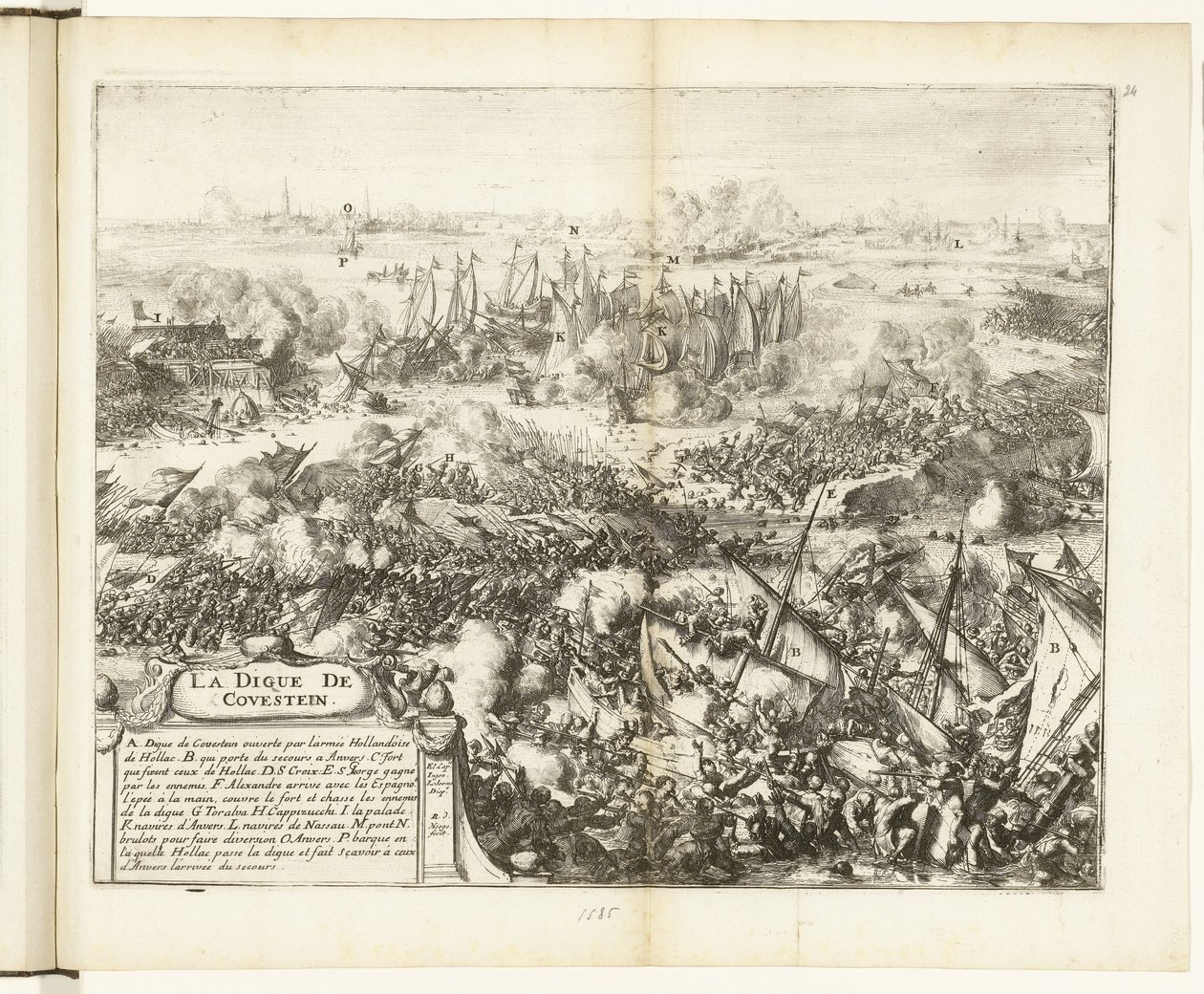 Batalha pelo dique Kauwenstein, 1585
La digue de Covestein (título sobre o objecto)
Guerres de Flandres (título da série) de Romeyn de Hooghe