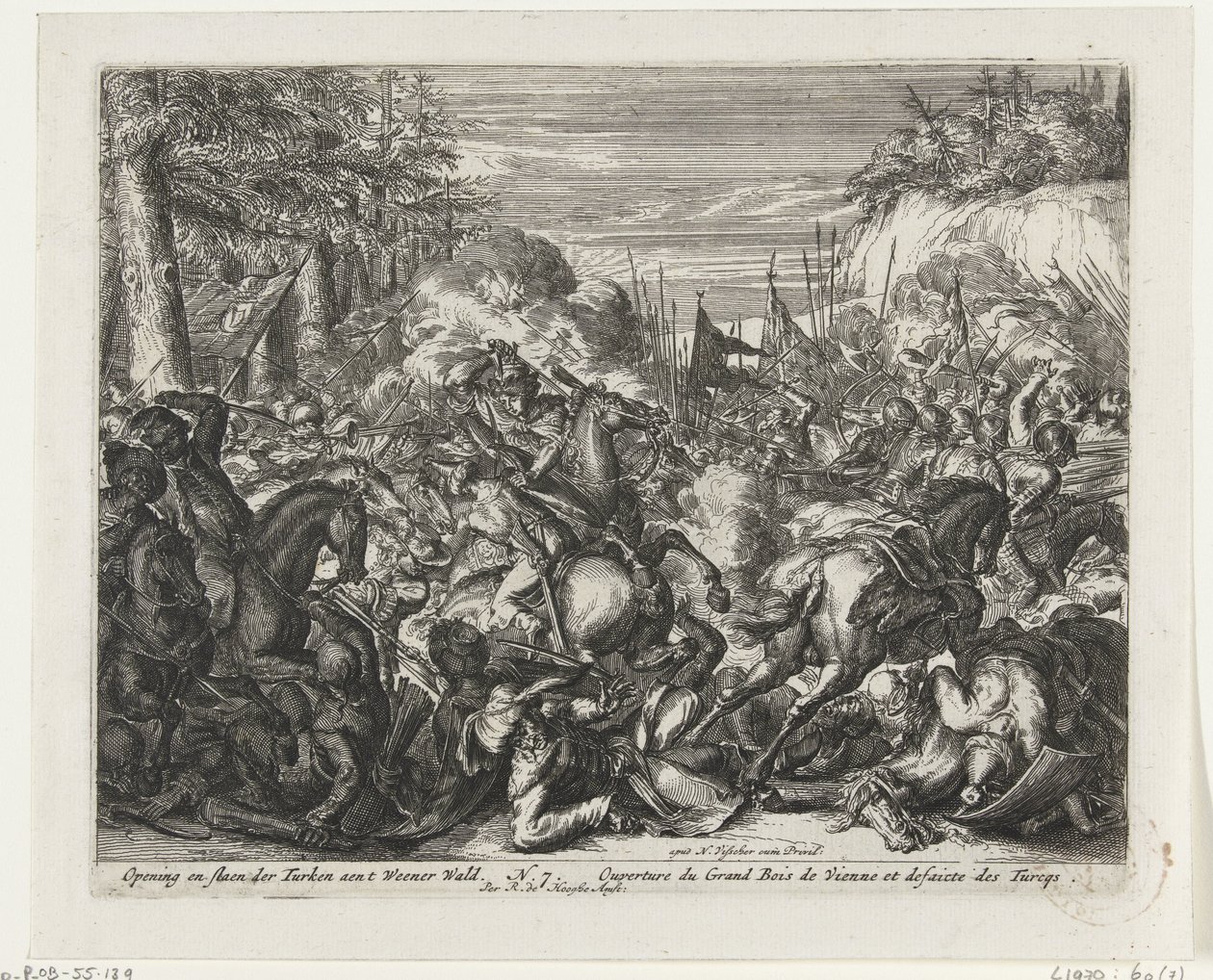 Batalha entre Habsburgos e Turcos nos Bosques de Viena Abertura e espancamento dos turcos aent Weener Wald (título no objeto) de Romeyn de Hooghe