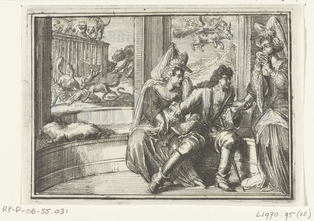 Página de título do panfleto: The Bump in the Guard, no Haasejagt, 1702 The Bump in the Guard, no Haasejagt (título no objeto) Esopus na Europa (título da série) de Romeyn de Hooghe