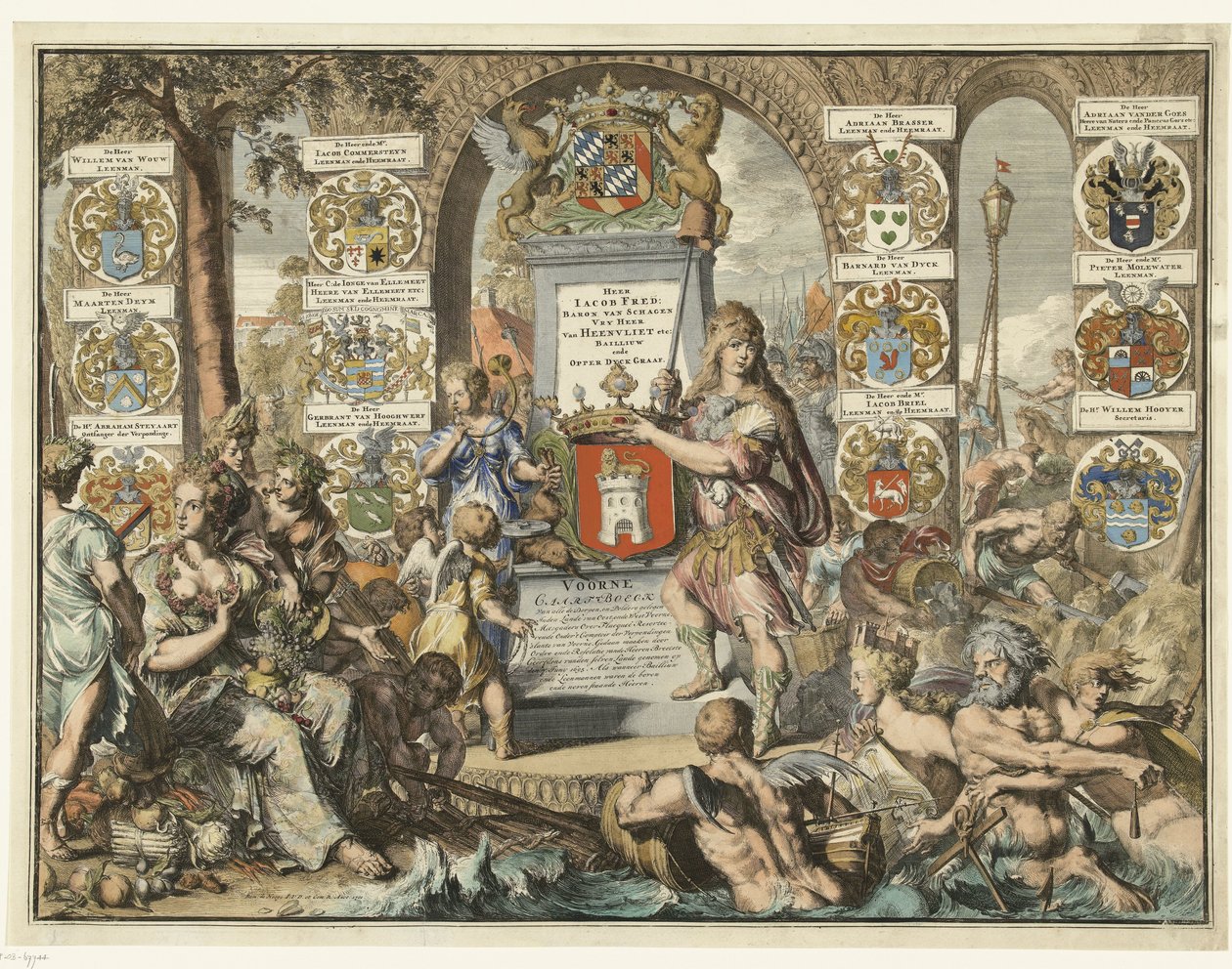Impressão do título Caartboeck van Voorne, 1701 Voorne Caart-Boeck de todas as Aldeias, e Polders localizados no East Lande, e no West Voorne (...) 7 de junho de 1695. Como quando Bailliuw e os Leenmannen eram os acima e os adjacentes Heeren. (título no ob de Romeyn de Hooghe