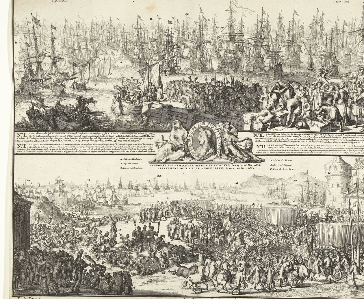 Viagem de Guilherme III a Inglaterra, 1688
Partida de S.K.H. na Inglaterra, den 11. Nov. 1688 / Aenkomst van S.K.H.D.P. van Orangie em Inglaterra, den 15. e 16. Nov. 1688 (título sobre o objecto)
Depart de S.A.R. pour Angleterre, Le 11. No. 1688 / Arrive de Romeyn de Hooghe