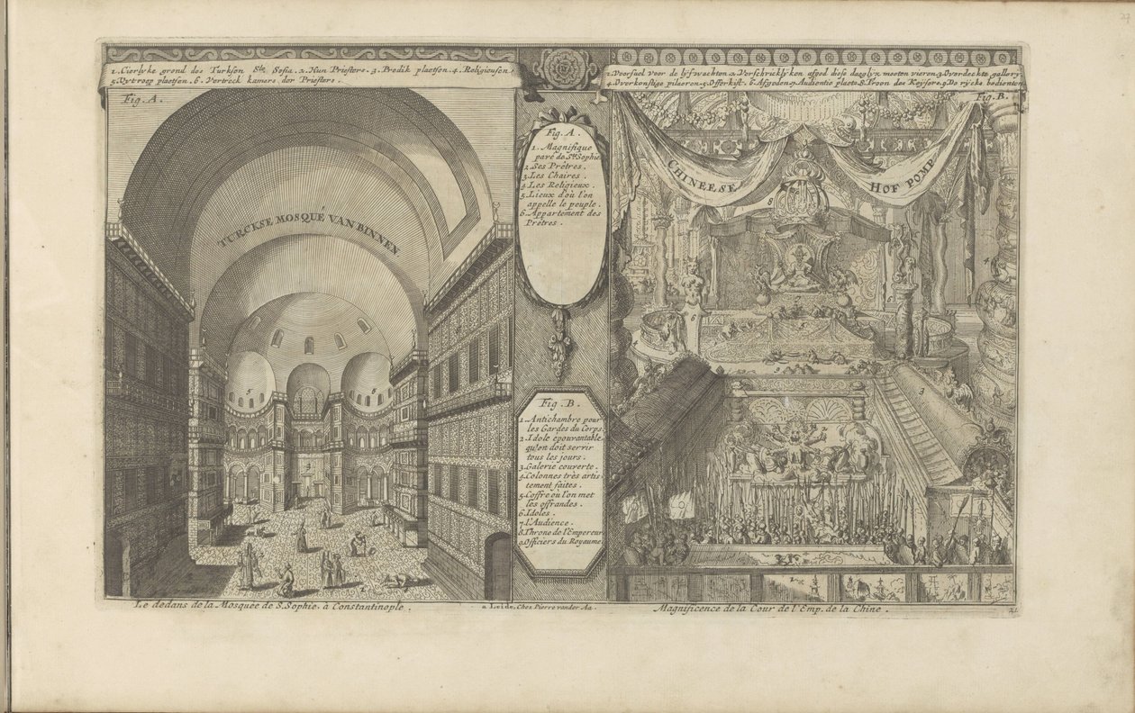 Turkse moskee em Constantinopel; Keizerlijk hof na China
Turksche moque van binnen / O interior da Mesquita de S. Sophie, em Constantinopla // Chineese Hof Pomp / Magnificence of the Court of the Emperor of China (título sobre o objecto)
As Índias Orient de Romeyn de Hooghe