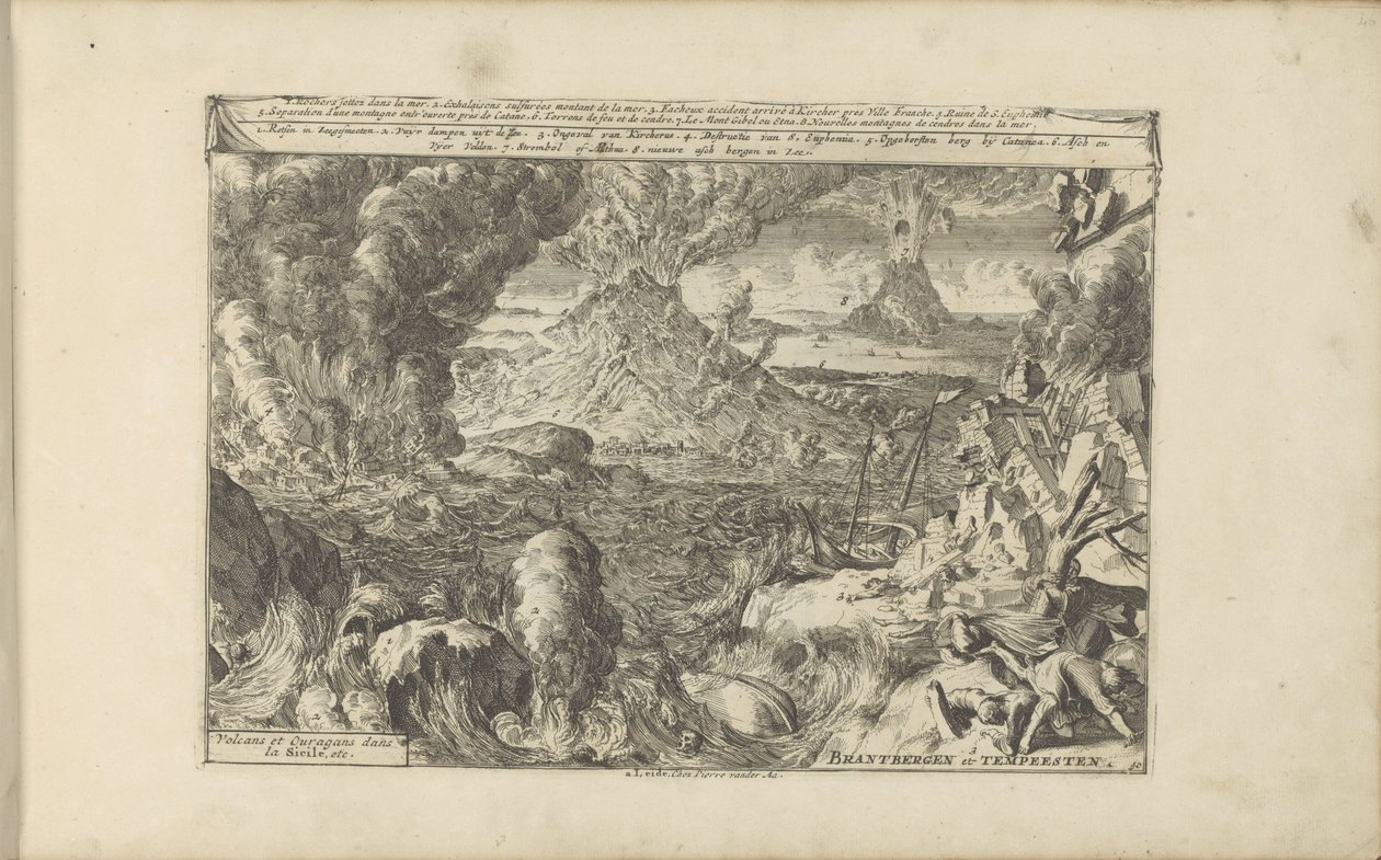 Vulkanen en stormen
Brantbergen e Tempeesten / Vulcões e Furacões na Sicília, etc. (título sobre o objecto)
As Índias Oriental e Ocidental e outros lugares (título da série) de Romeyn de Hooghe