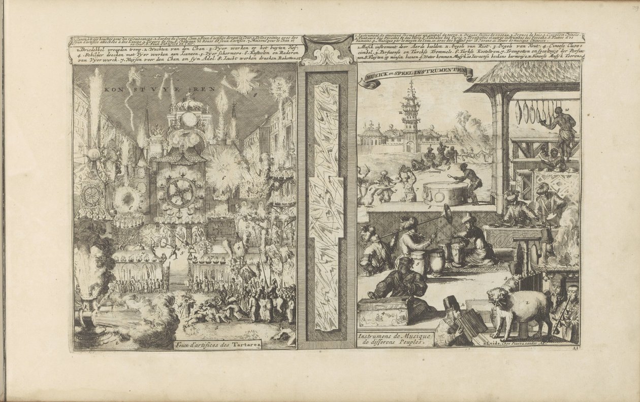 Vuurwerk en muziek
Konst vyeren / Fireworks of the Tartars // Musick en Speelinstrumenten / Instrument de Musique de differens Peuples (título sobre o objecto)
As Índias Oriental e Ocidental e outros lugares (título da série) de Romeyn de Hooghe