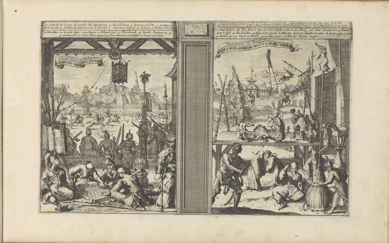 Guarita no Japão; Mágicos e acrobatas Japans Wacht Huyse / Corps-de-garde des Japonnois // Guychelaers e Bootsmaeckers (título no objeto) Les Indes Orientales et Occidentales et autres lieux (título da série) de Romeyn de Hooghe