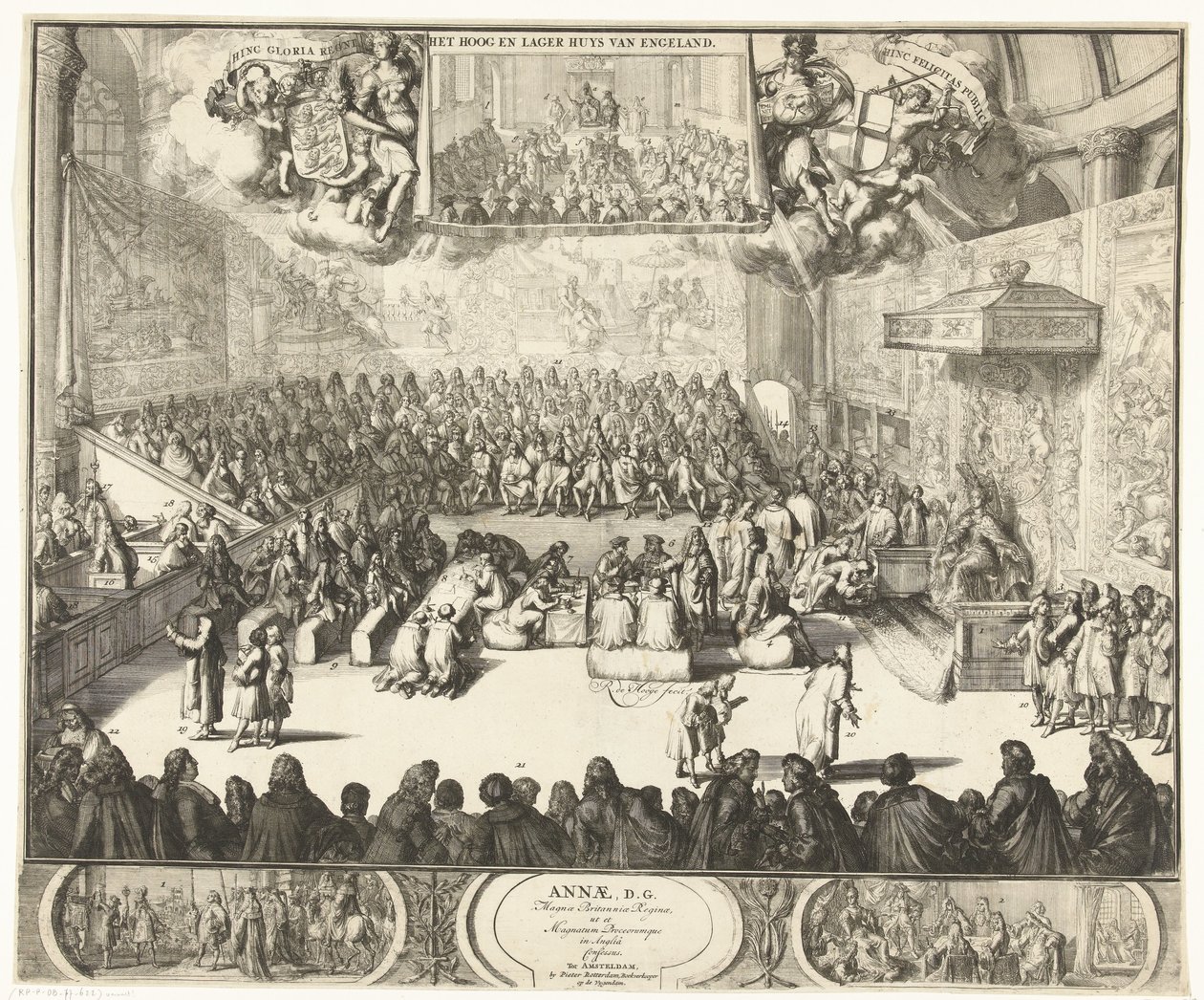 Zitting van het Lagerhuis conheceu koningin Anna op de troon, 1702 Ana, D. G. A Rainha da Grã-Bretanha, bem como os Grandes Príncipes da Inglaterra confessou (título no objeto) de Romeyn de Hooghe
