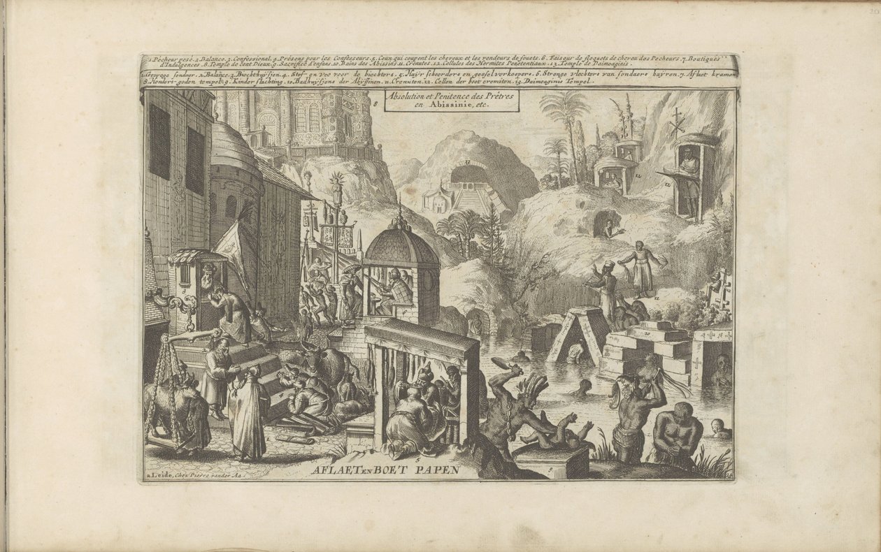 Zonde en boete
Aflaet en Boet Papen / Absolution and Penance of Priests in Abissinia, etc. (título sobre o objecto)
As Índias Oriental e Ocidental e outros lugares (título da série) de Romeyn de Hooghe