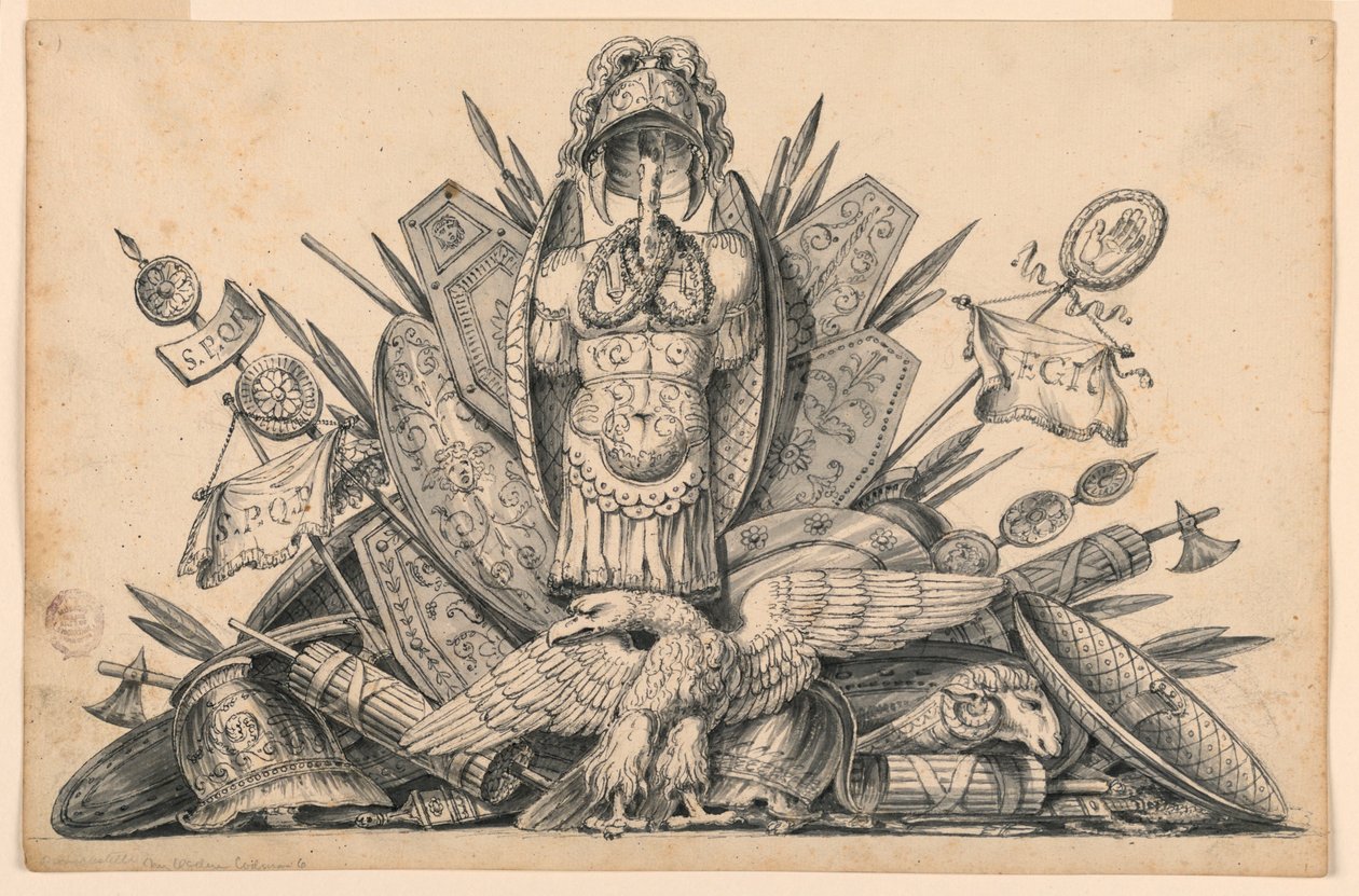 Desenho, Um troféu de armas destinado a ser executado em pintura, 1830-1850 de Romolo Achille Liverani