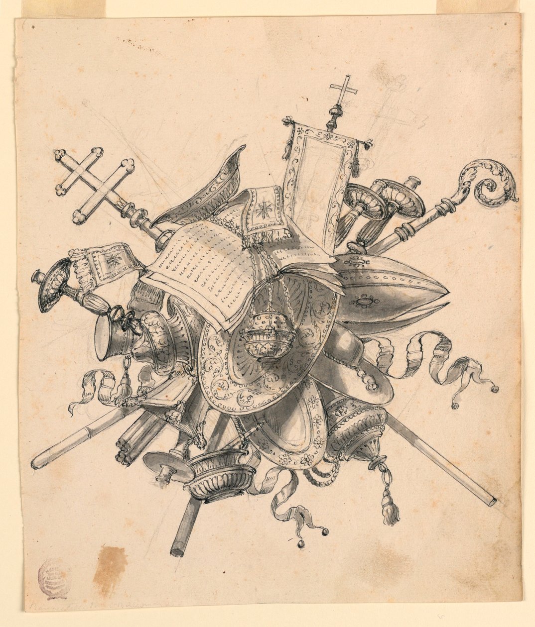 Desenho, Troféu com Objectos Eclesiásticos, 1830-1850 de Romolo Achille Liverani