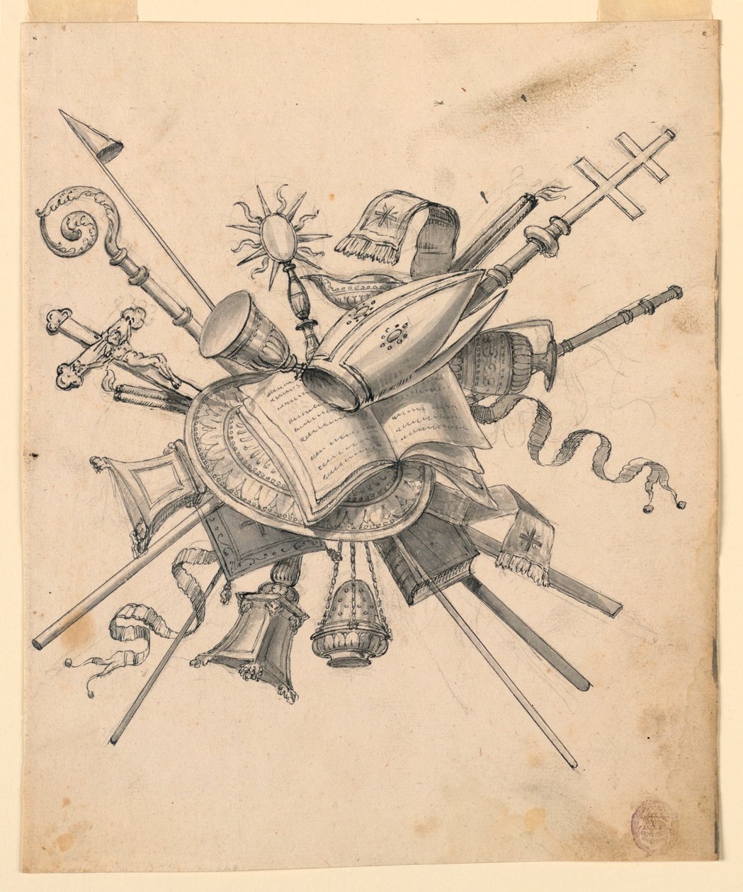 Desenho, Troféu com Objectos Eclesiásticos, 1830-1850 de Romolo Achille Liverani