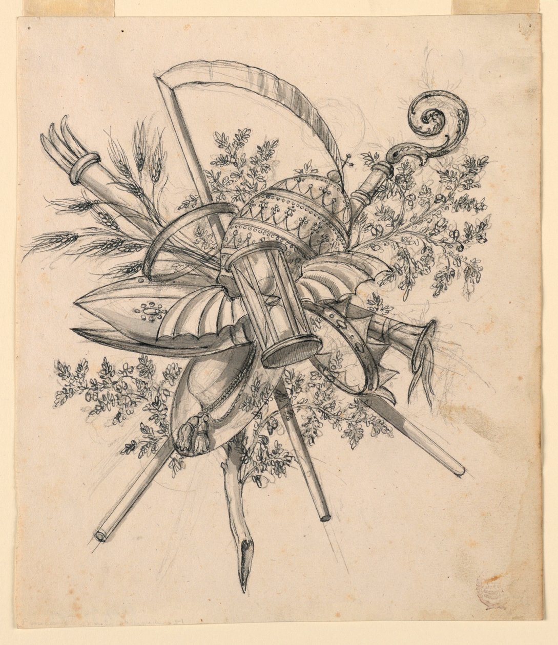 Desenho, Troféu com ampulheta alada, 1830-1850 de Romolo Achille Liverani