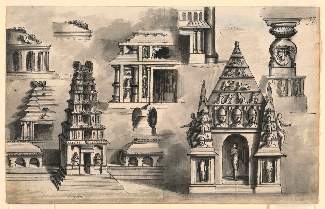 Cenário, detalhes de templos indianos de Romolo Achille Liverani