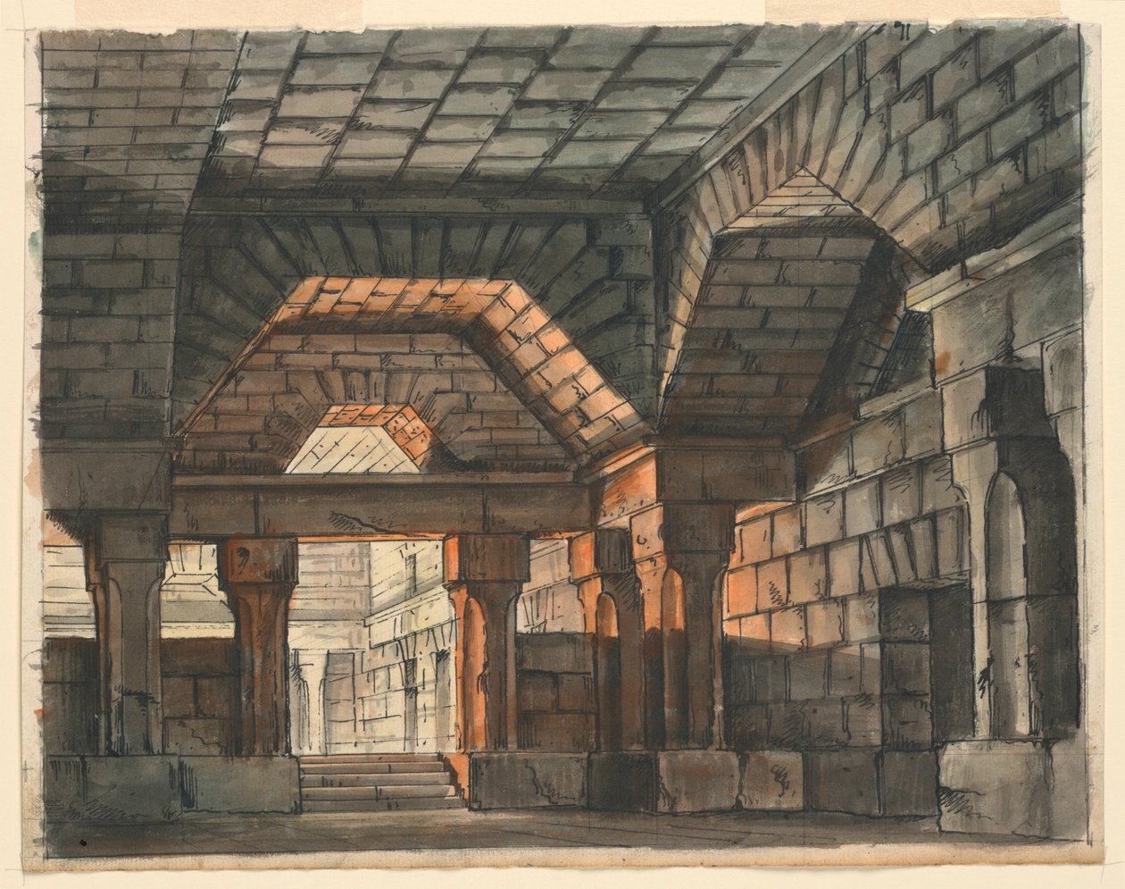 Cenário, Interior do Castelo Fortificado para "Ciro na Babilônia" de Gioachino Rossini, La Scala, Milão, 1818, "Prisão Subterrânea" de Romolo Achille Liverani