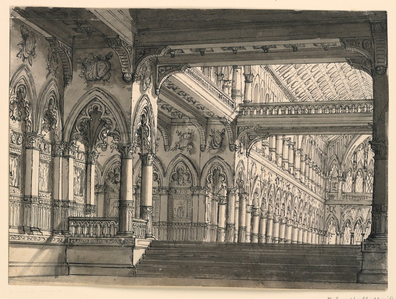 Design de palco, interior do salão gótico de Romolo Achille Liverani