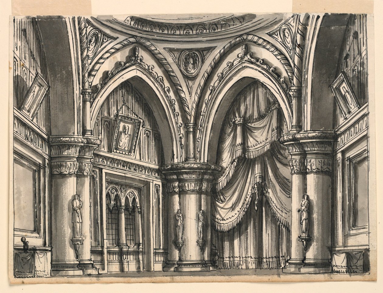 Cenário, Interior do Alto Salão Gótico com Arcos Ogivais de Romolo Achille Liverani