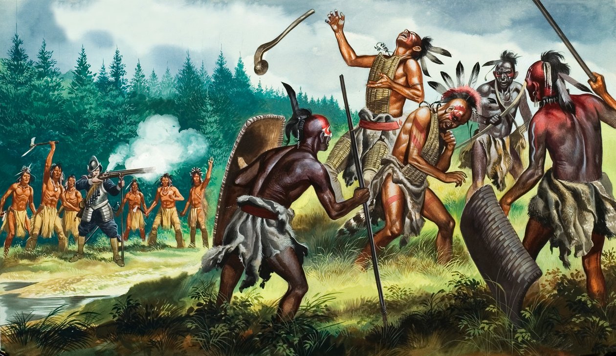 Colónias inglesas em luta contra a Confederação Iroquois, século XX (guache sobre papel) de Ron Embleton