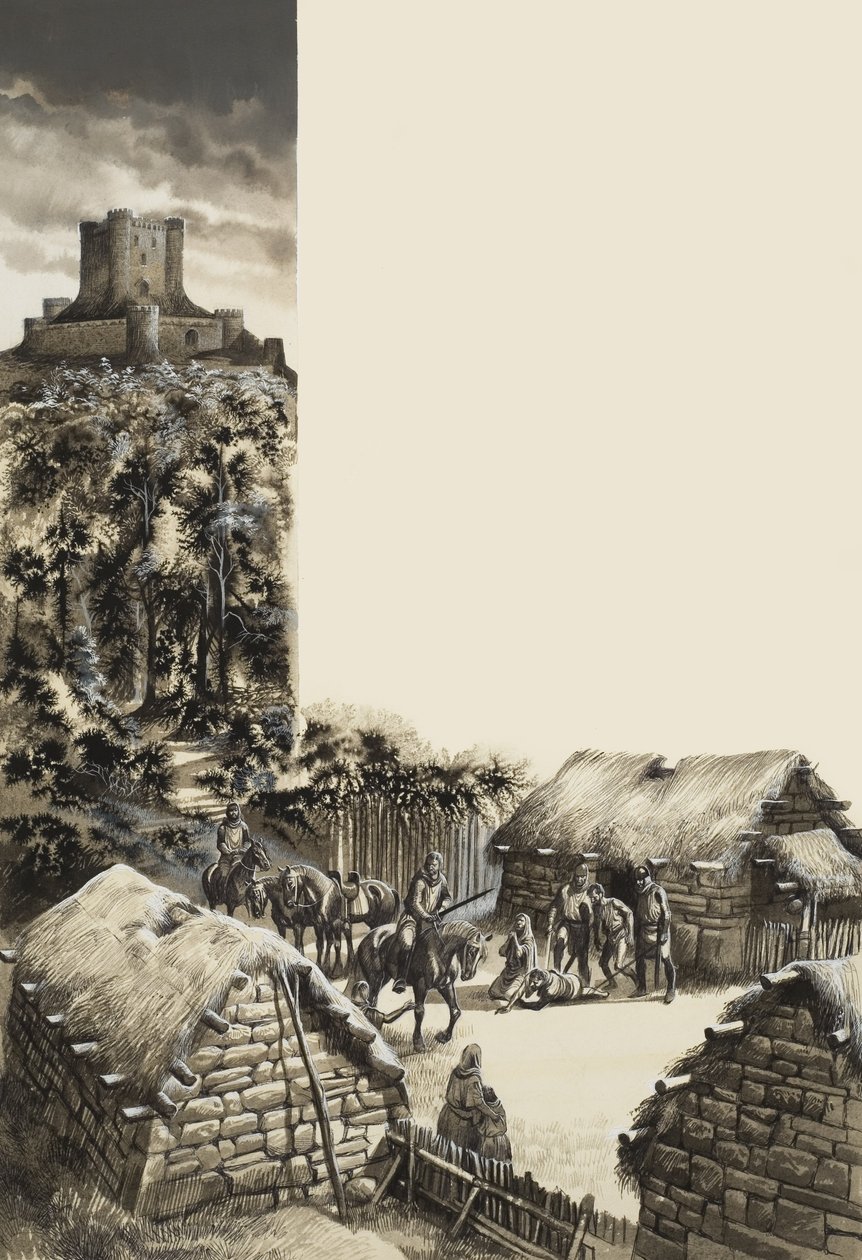 Aldeia Medieval (guache sobre papel) de Ron Embleton