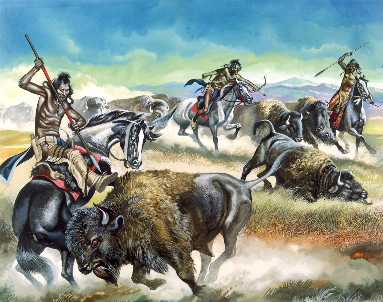 Índios nativos americanos a matar bisontes americanos (guache sobre papel) de Ron Embleton