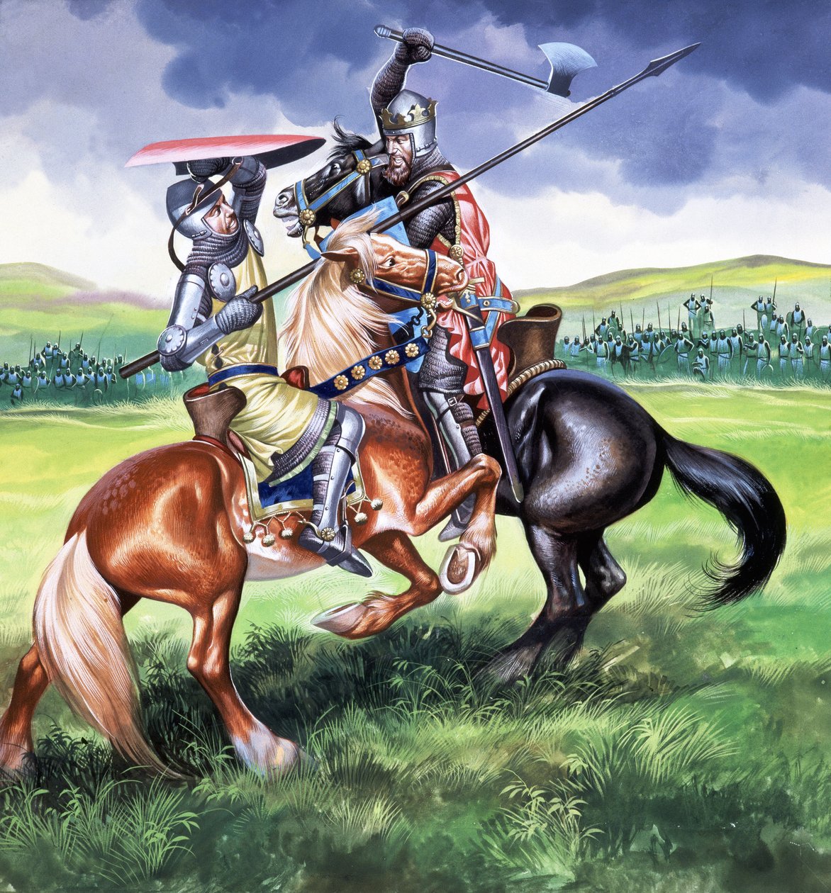 Robert the Bruce, rei da Escócia, prestes a matar Sir Henry de Bohum (guache sobre papel) de Ron Embleton