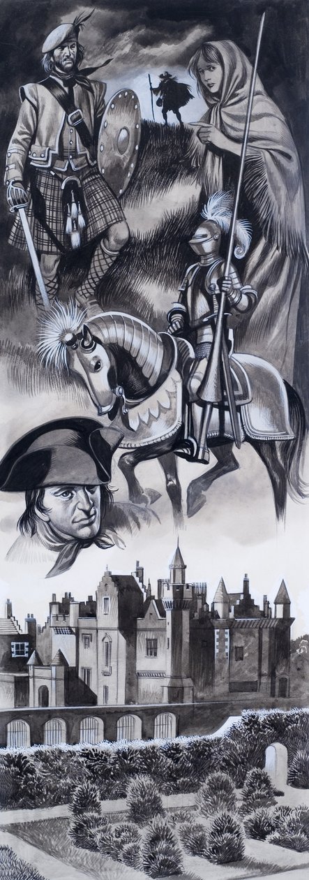 Castelo escocês e personalidades da história escocesa (guache sobre papel) de Ron Embleton