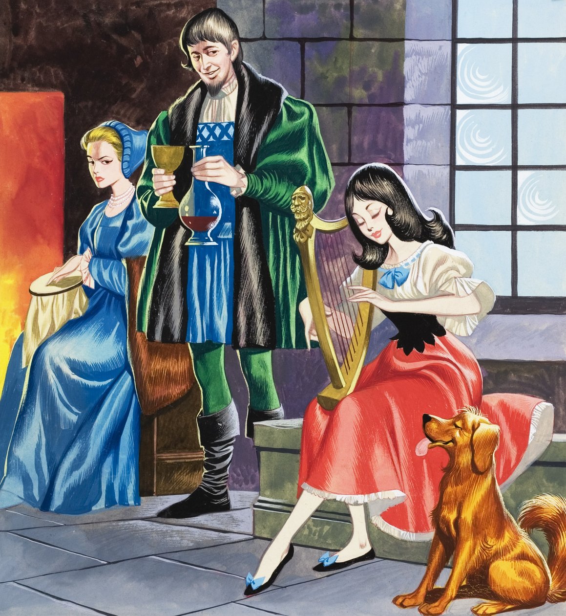 Branca de Neve a tocar harpa para o seu pai (guache sobre papel) de Ron Embleton