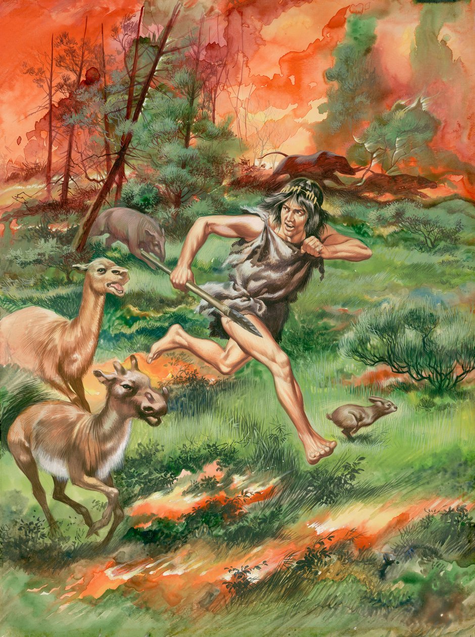 Homem da Idade da Pedra, fugindo do fogo juntamente com animais (guache sobre papel) de Ron Embleton