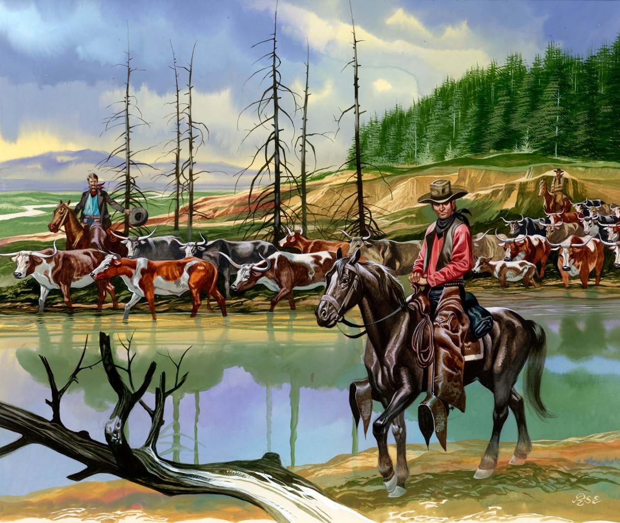 Cowboys texanos conduzindo o gado para norte de Ron Embleton