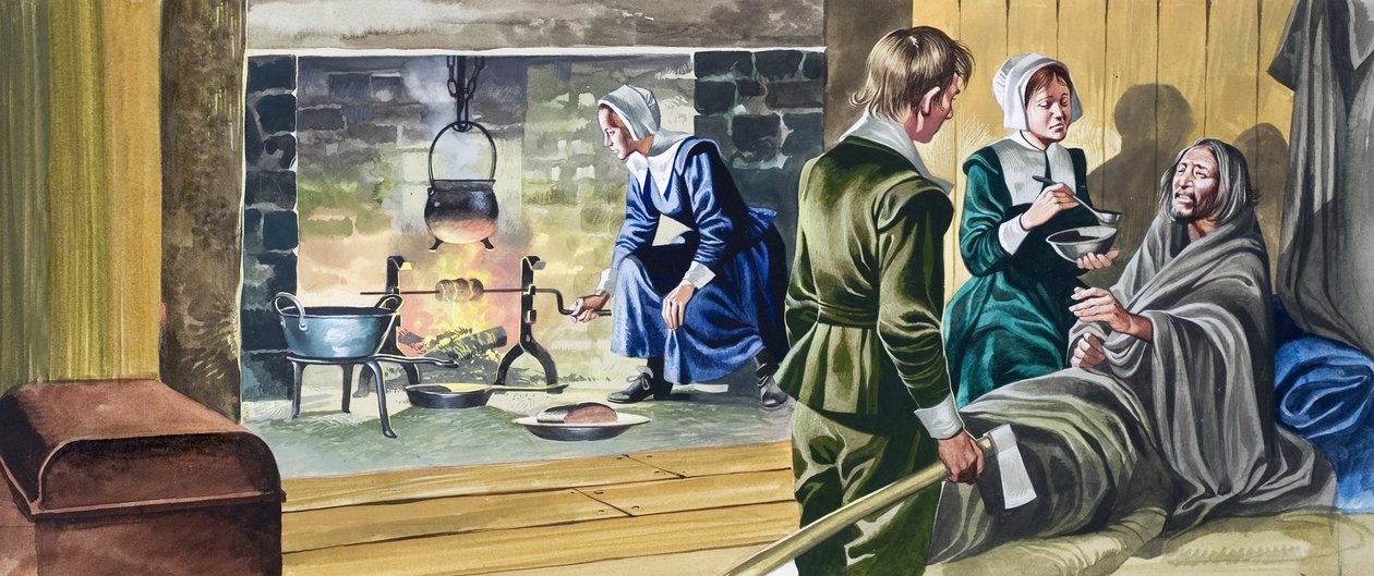 Os Padres Peregrinos em casas construídas pela metade de Ron Embleton