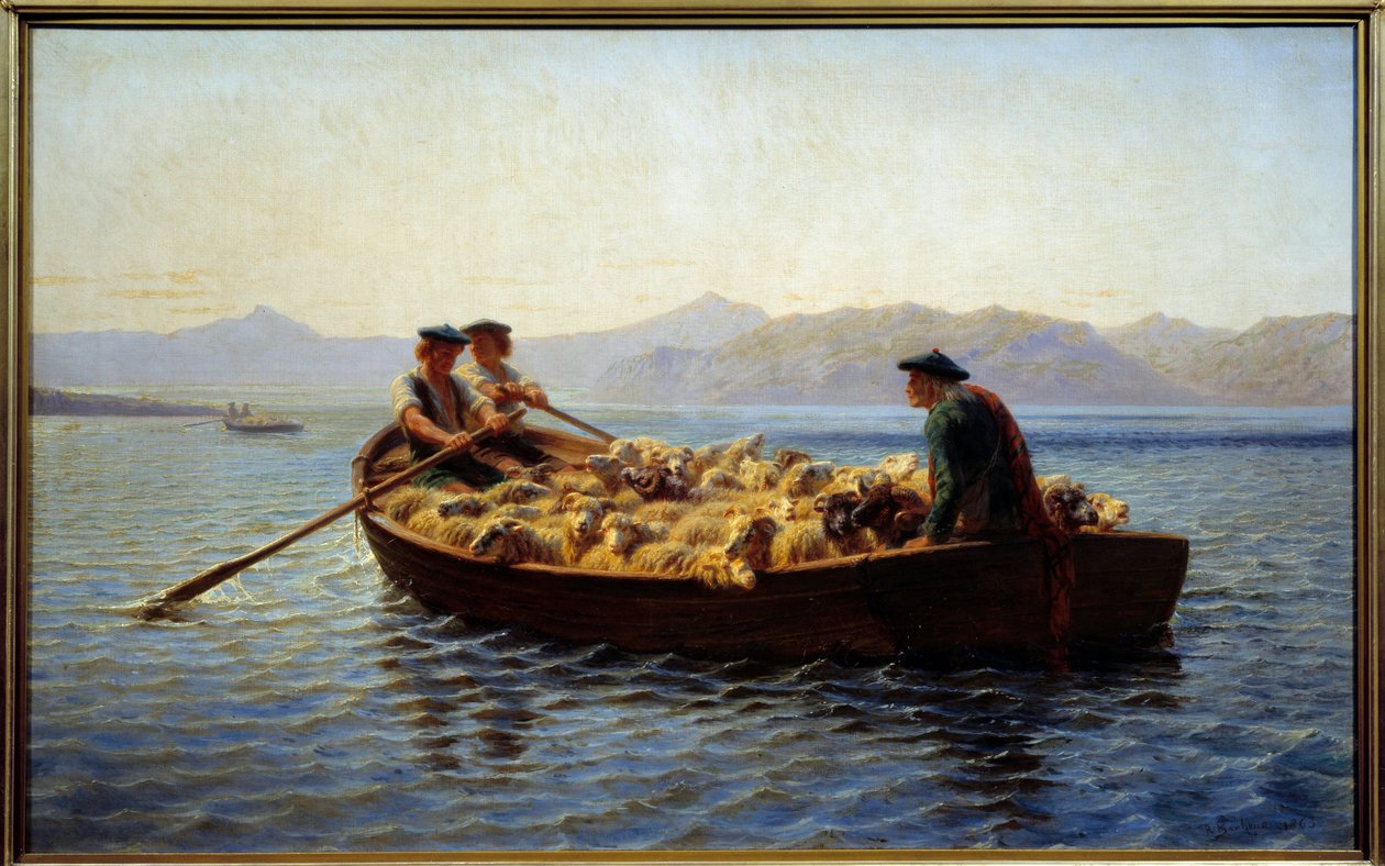 Mudança de pastoreio. Os pastores abordaram o rebanho de ovelhas para as levar para a outra margem. Pintura de Rosa Bonheur (1822-1899) de Rosa Bonheur