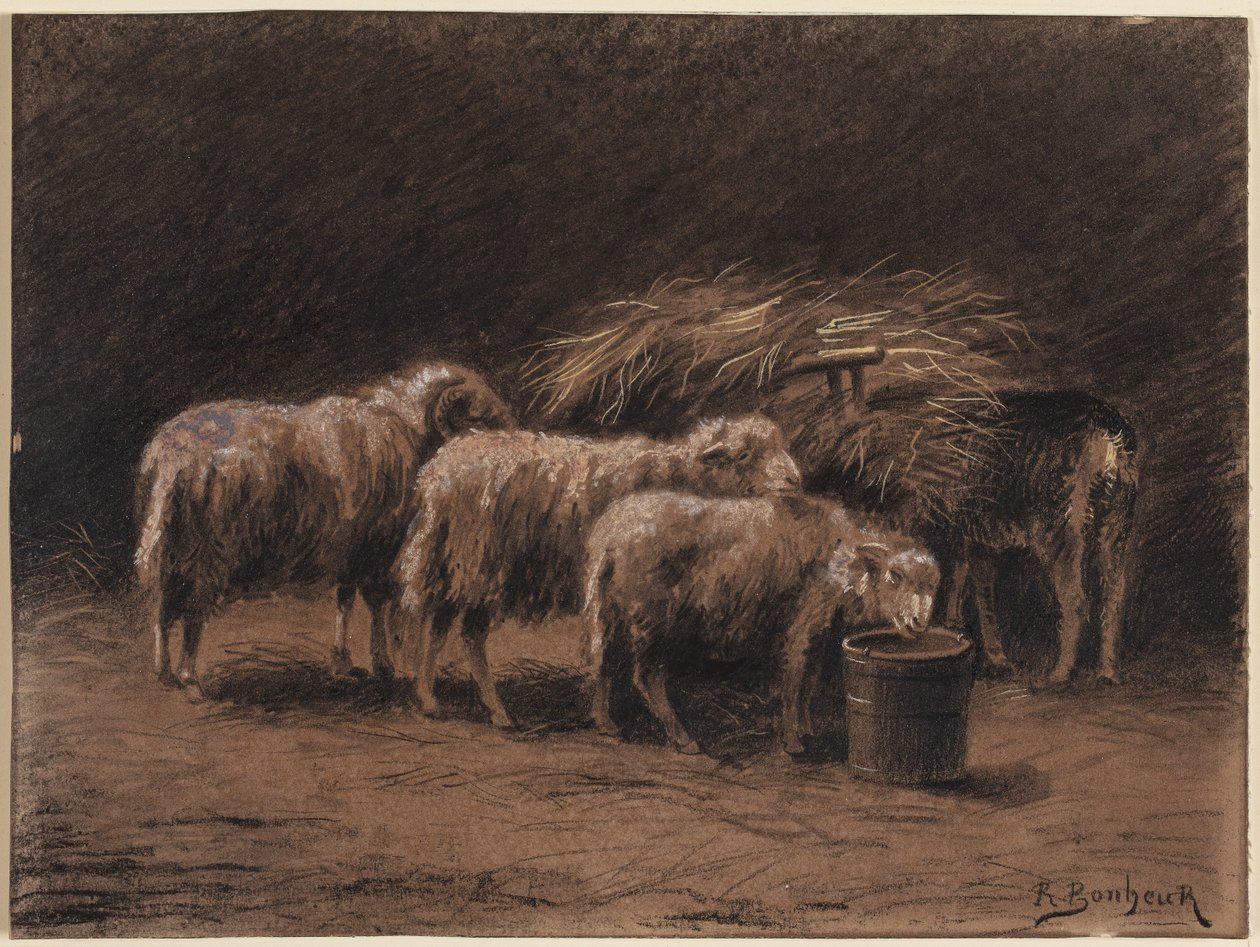 Um par de ovelhas e um carneiro em um estábulo de Rosa Bonheur