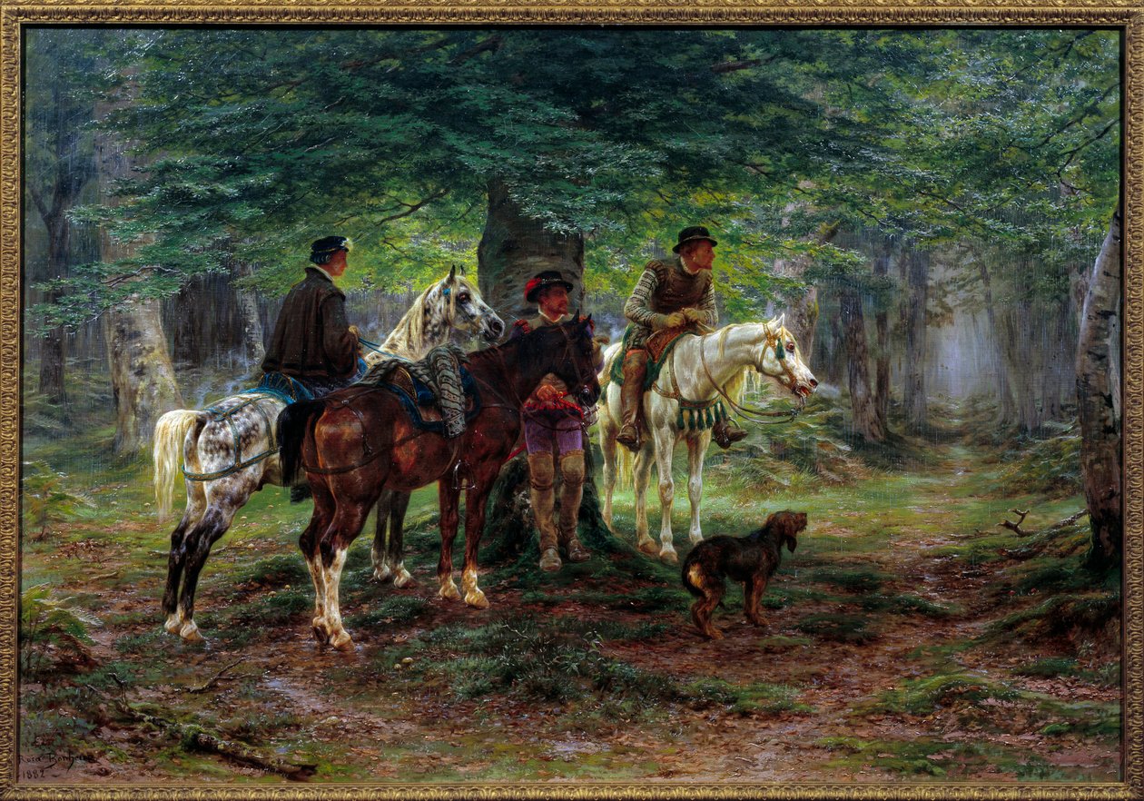 Cavaleiros surpreendidos por uma chuva (século XVII). Em uma floresta, homens a cavalo sob uma árvore esperando que a chuva pare de cair. Pintura de Rosa Bonheur (1822-1899) de Rosa Bonheur