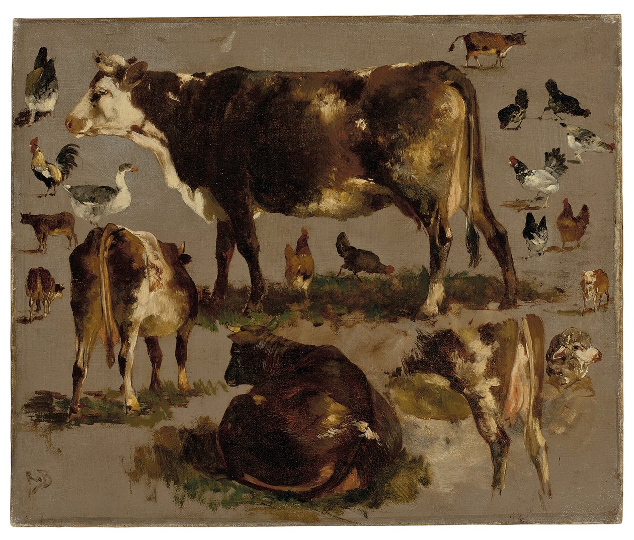 Estudos de vacas, galinhas, galos, um ganso e uma ovelha (óleo sobre tela) de Rosa Bonheur