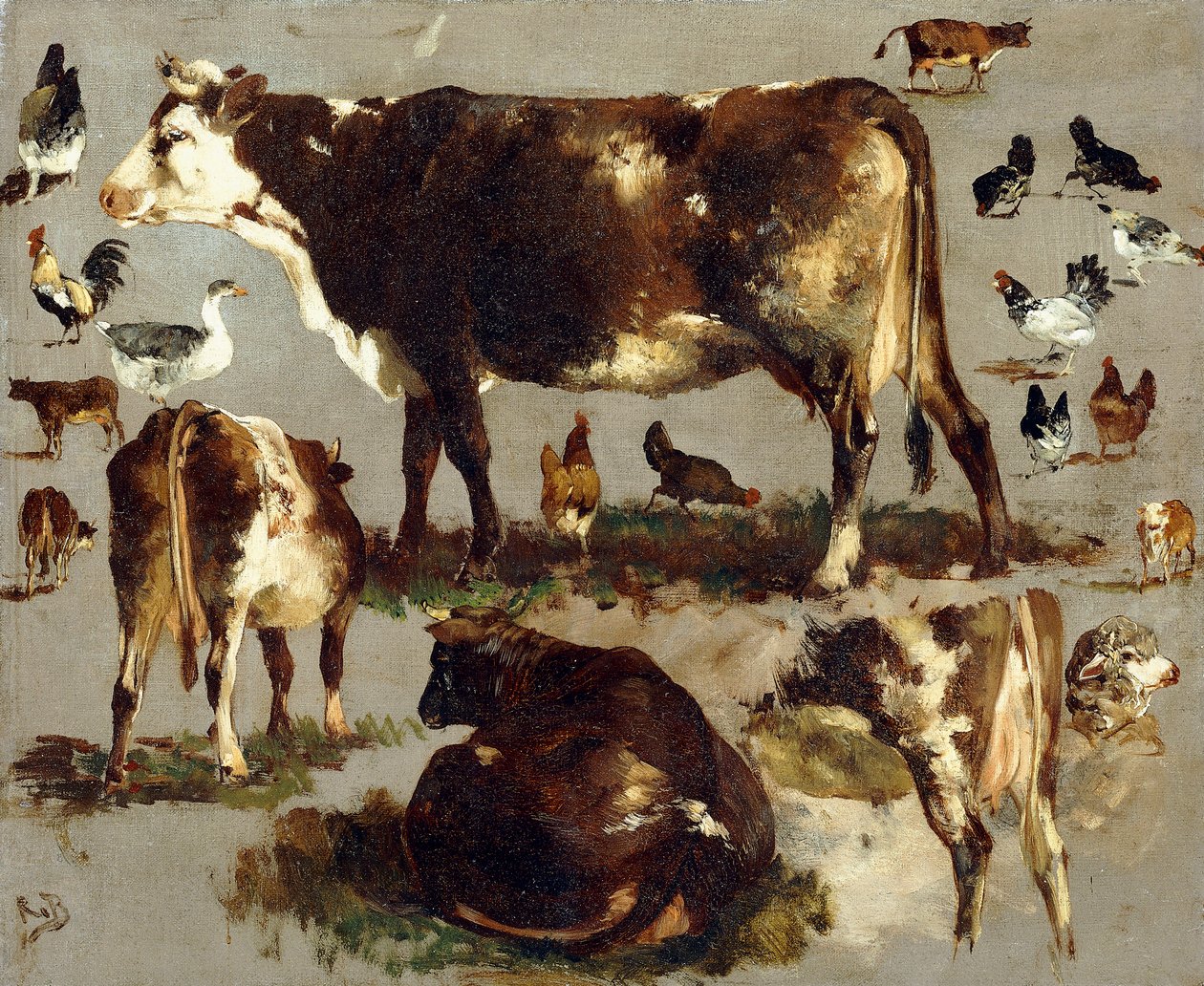 Estudos de vacas, galinhas, galos, ganso e ovelha, de Rosa Bonheur