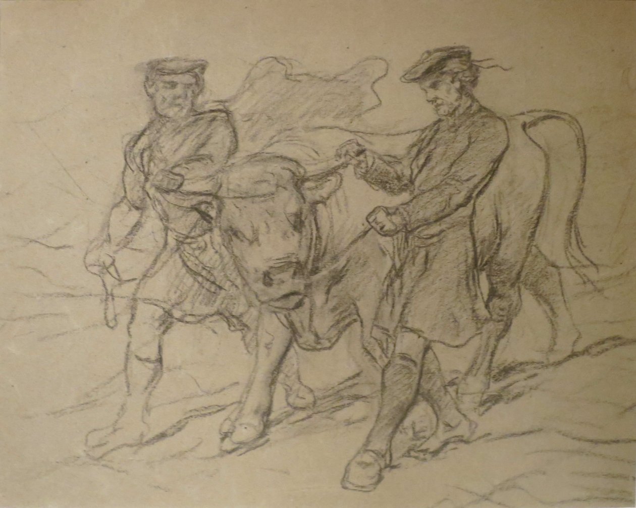 Dois homens com touro de Rosa Bonheur, giz preto, Museu de Arte de Colombo de Rosa Bonheur