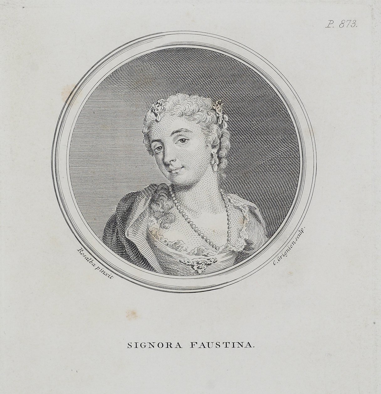Signora Faustina, de &39;Um Dicionário Geral da Ciência e Prática da Música&39; de Sir John Hawkins, gravada por Charles Grigion (1717-1810), 1776 de Rosalba Giovanna Carriera
