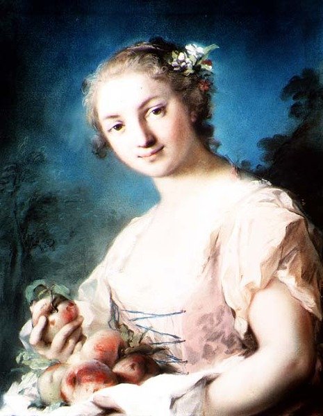 Verão: uma garota segurando pêssegos de Rosalba Giovanna Carriera