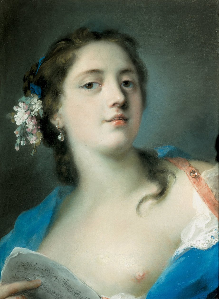 A cantora Faustina Bordoni 1697-1781 com uma partitura musical, c. 1725 de Rosalba Giovanna Carriera