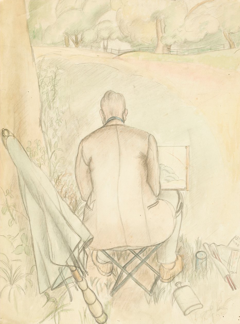 Retrato do marido do artista, Reginald Brill, desenhando, c.1930 (wc e lápis sobre papel) de Rosalie Brill