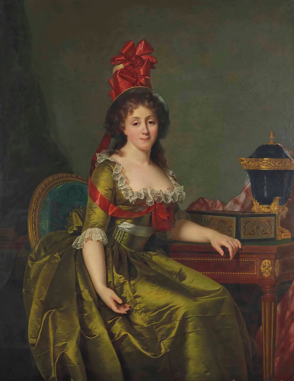 Retrato de uma senhora, com um vestido de cetim verde e um gorro com fitas vermelhas. de Rose Adelaide Ducreux